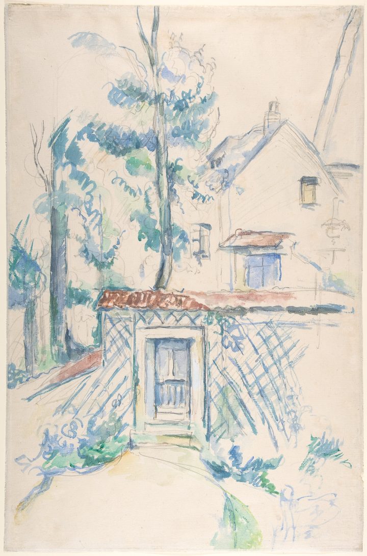 A Cézanne watercolour: a pencil outline of a house and garden gate, with a few strokes of blue-green for trees and trellis and much of the paper left bare.