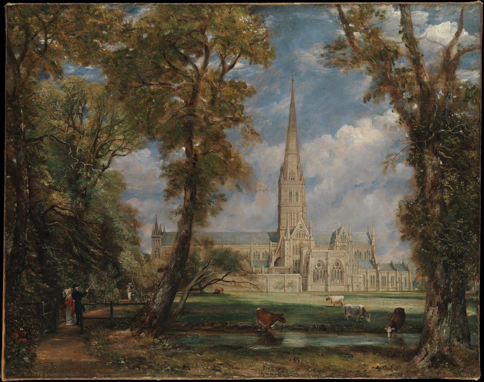 A Constable oil painting: two great trees arch over the frame towards the spire of Salisbury Cathedral, with cattle grazing on the lawn.