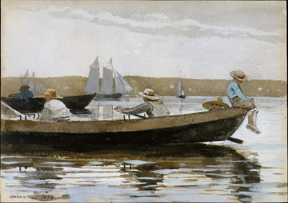 A Homer watercolour: on a calm bay several boys in straw hats sit in a small flat-bottomed boat, with sailing boats in the distance.