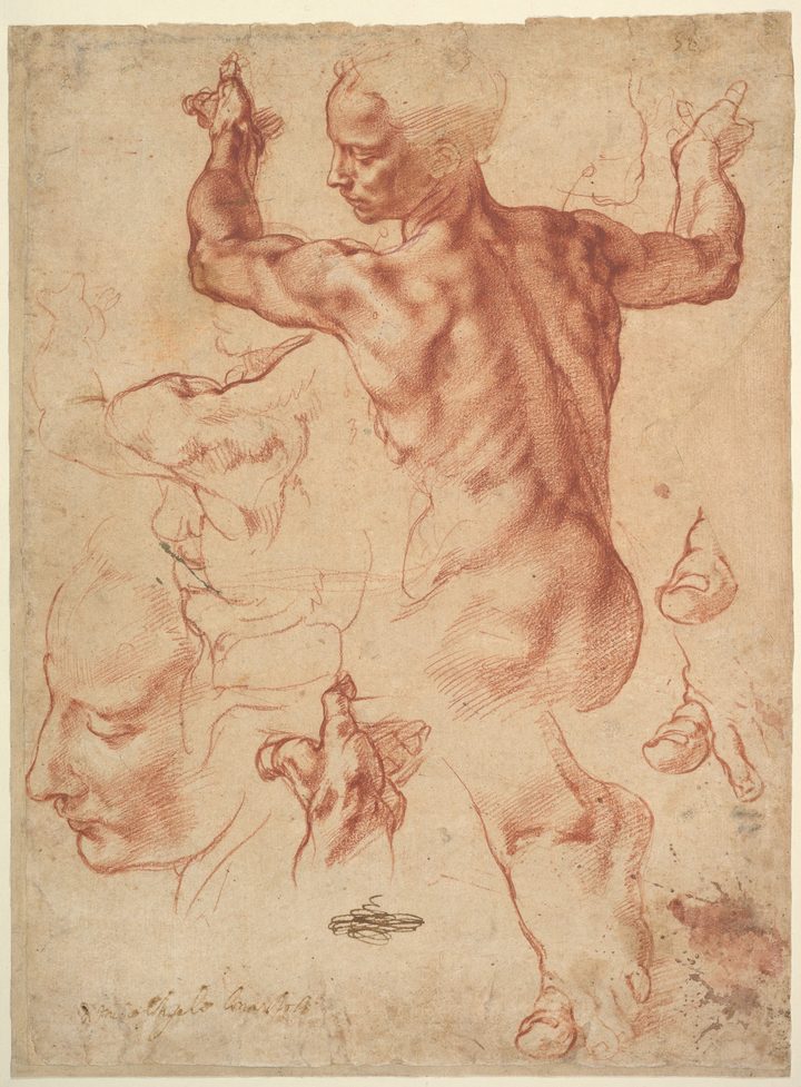 A Michelangelo red-chalk drawing: a nude figure twisting with raised arms, seen from the back, with separate studies of a head, a hand and toes.