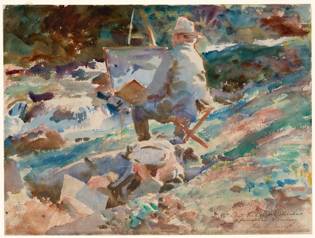A Sargent watercolour: among rocks by a stream, a painter in a white hat sits at an easel with his back to us while another figure leans over a rock in the foreground, sketching.